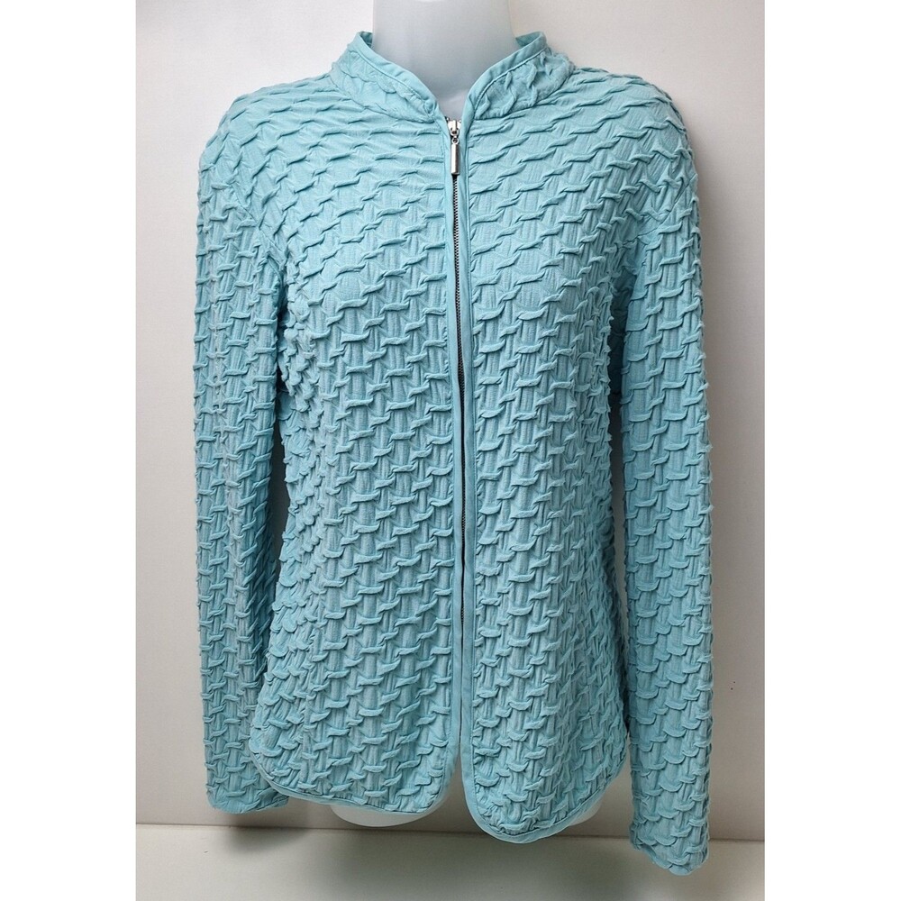 Peck & Peck Weekend Lightweight Textured Aqua Full Zip Cardigan Top Women's M